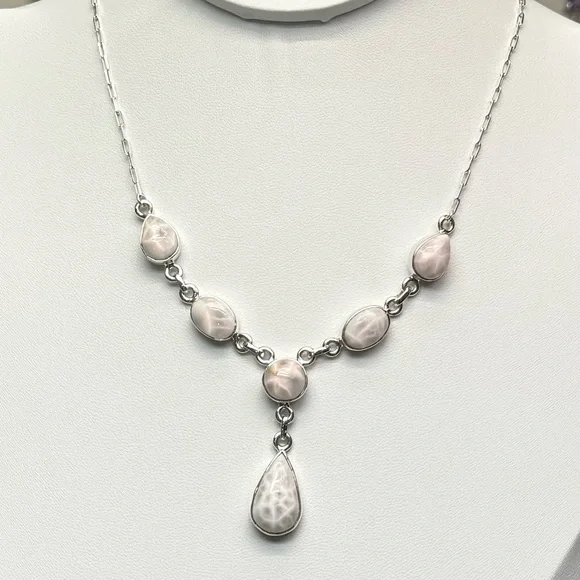 NLP1 Genuine Pink Larimar (Natrolite) Lariat Necklace Paperclip Necklace S925 - Picture 5 of 9